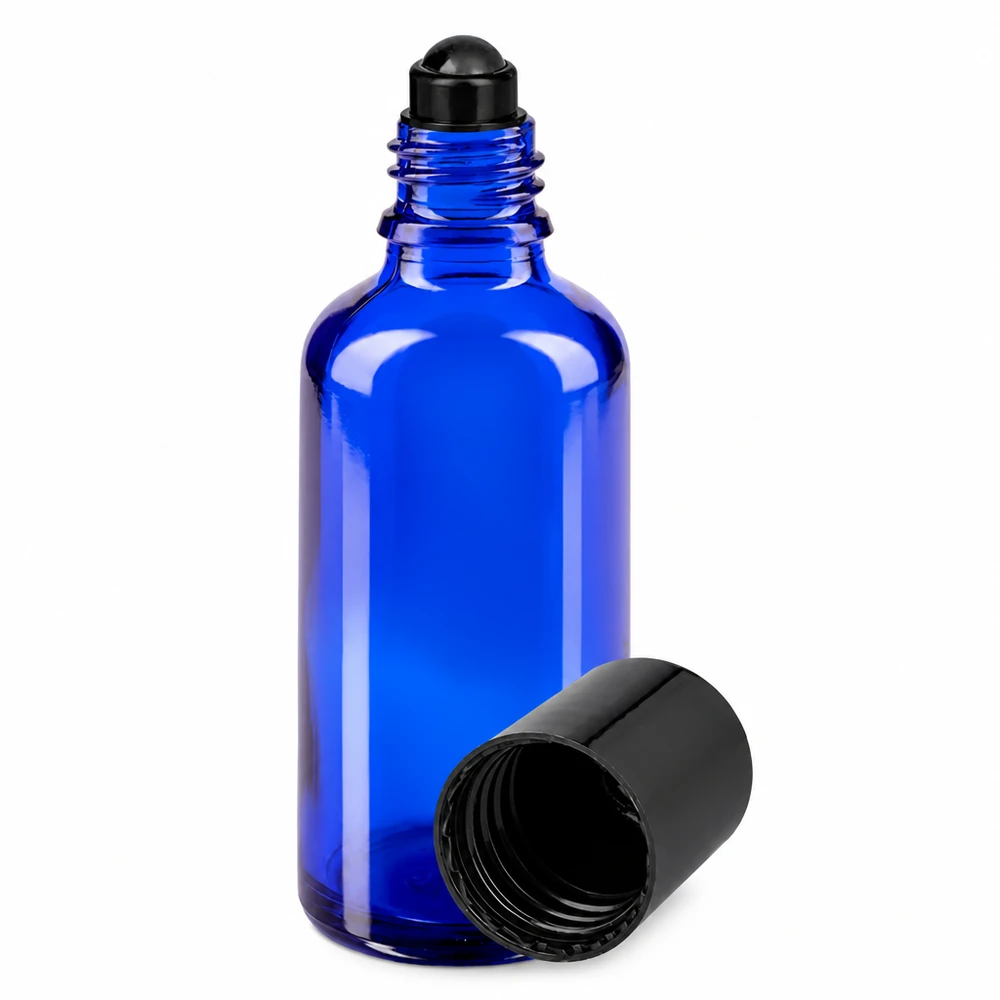 Flacone roll-on 50ml blu STD nero ApoGlas Flacone roll-on blu da 50 ml in vetro da farmacia con applicatore a sfera nero e tappo a vite