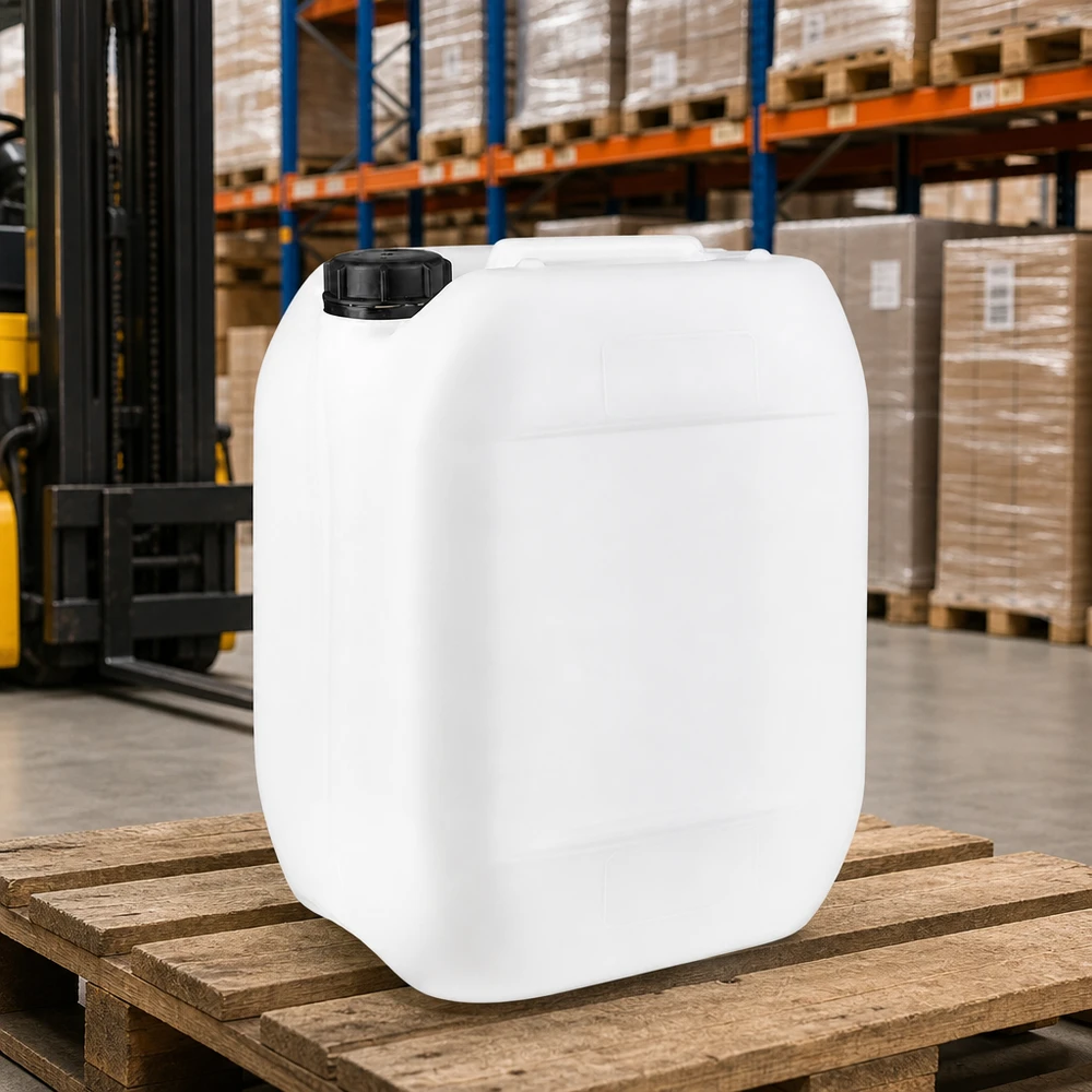 Tanica 10 litri con tappo a vite OV Tanica di plastica vuota da 10 litri su un pallet di legno in un magazzino, con un carrello elevatore sullo sfondo