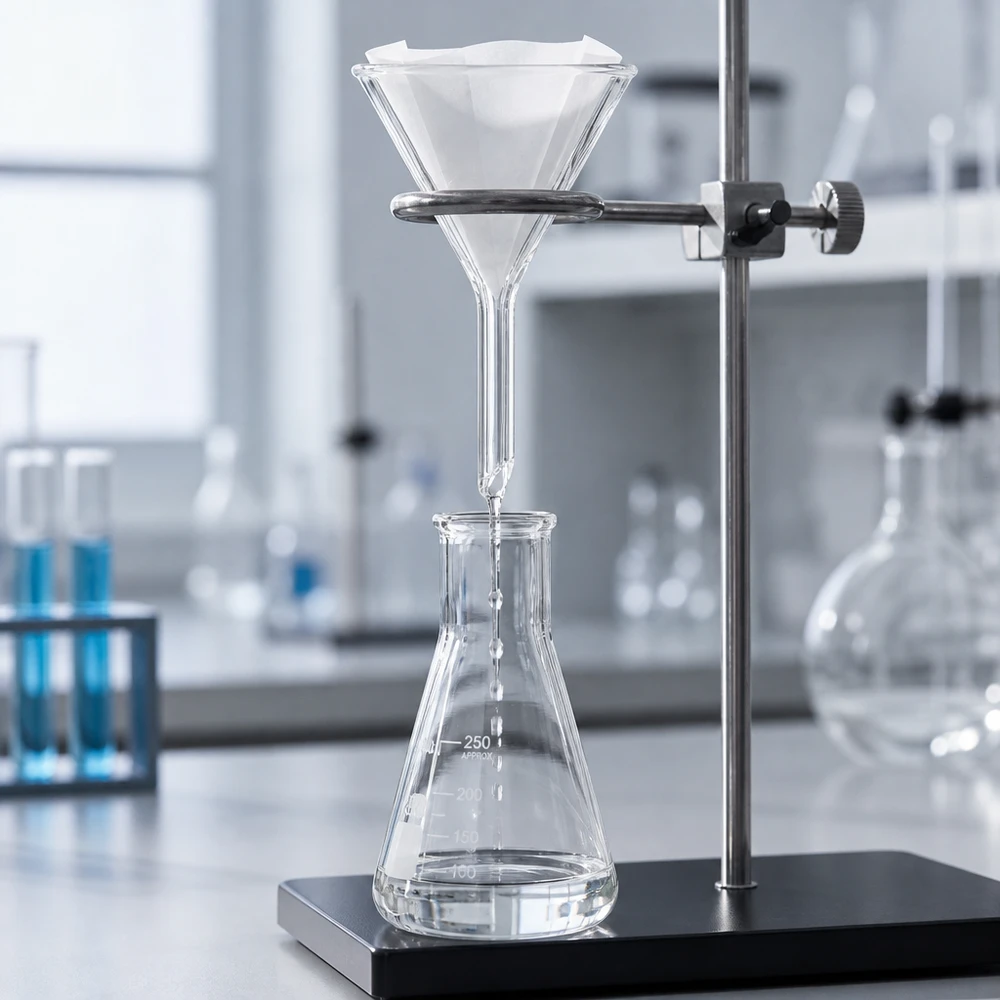 Imbuto Ø 45 mm per calce sodata, angolo 60°, stile corto Imbuto di precisione in vetro da 45 mm con angolo di 60 gradi per un filtraggio efficiente in laboratorio e in cucina