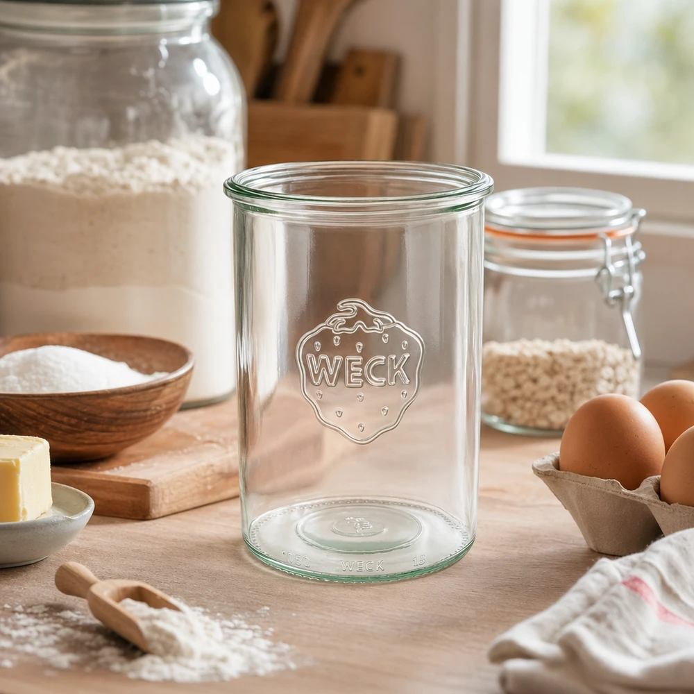 Vaso da 1000ml WECK RR100 con logo in cucina rustica con ingredienti da forno e uova
