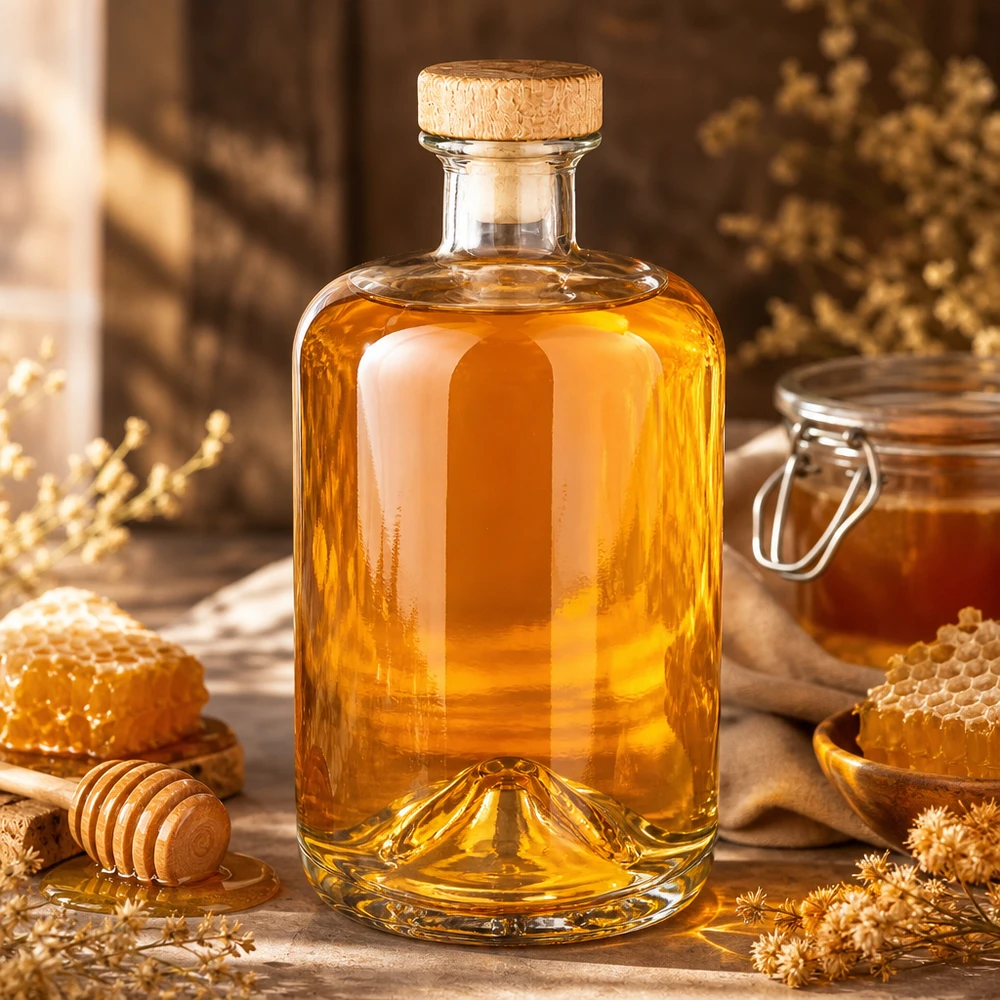 Flacone farmaceutico da 700 ml Sofia con tappo in sughero con impugnatura in legno UNiTWIST® 700ml Glasflasche Sofia mit Naturkorken gefüllt mit goldgelber Flüssigkeit umgeben von Honigwaben und Trockenblumen