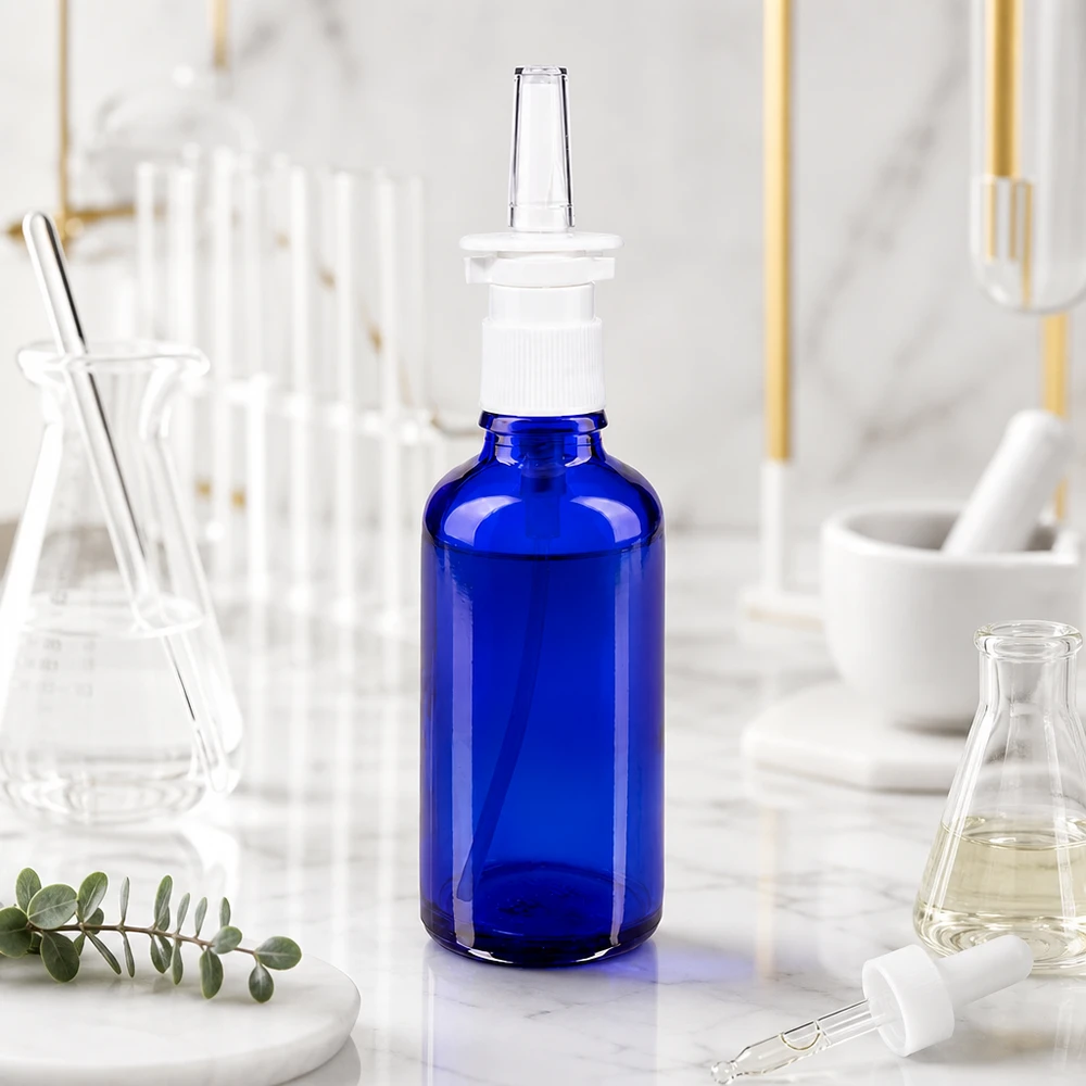 Flacone da 50 ml in vetro blu per spray nasale da farmacia, con beccuccio trasparente, in ambiente di laboratorio