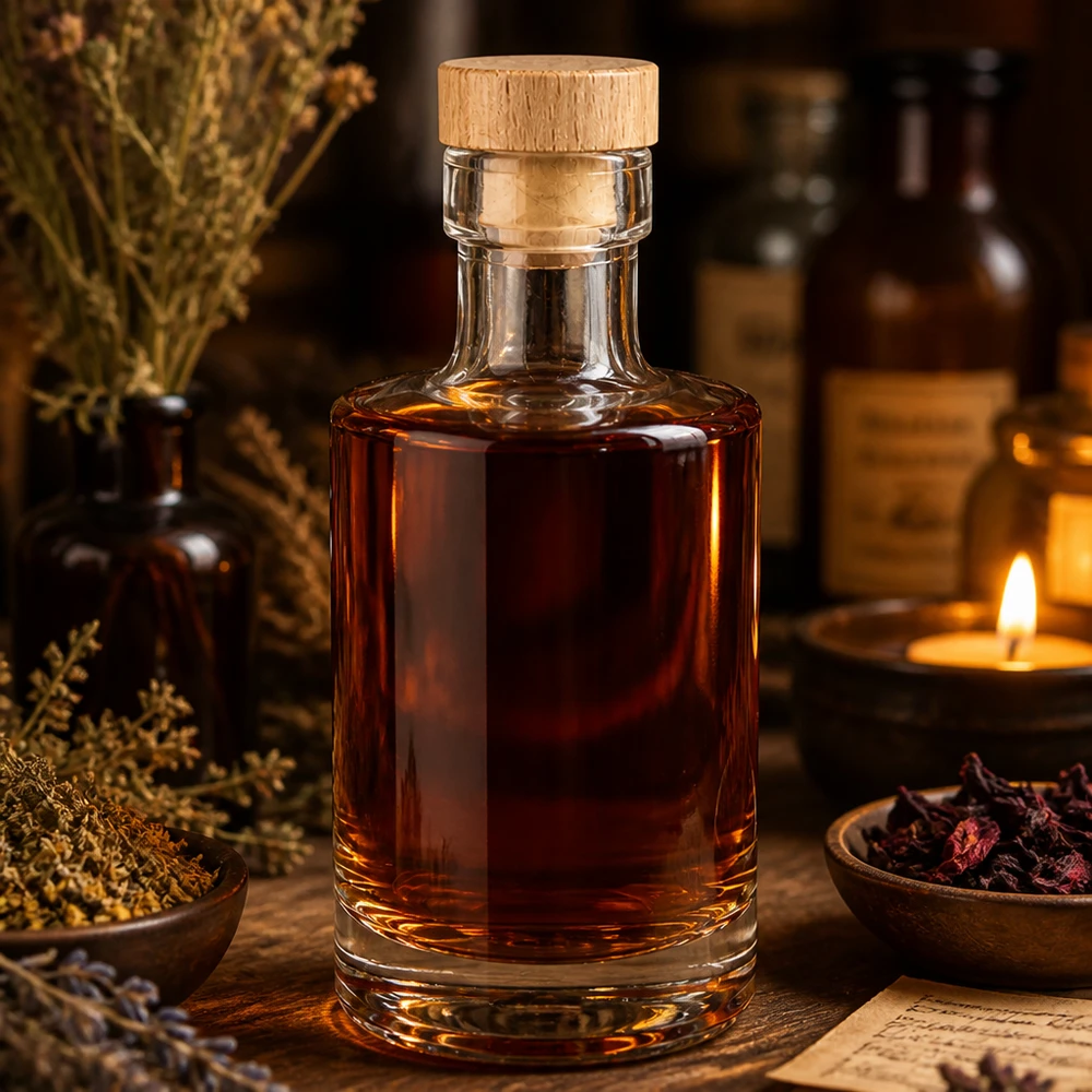 Bottiglia in vetro Marie da 200 ml con liquido ambrato, tappo in legno, decorazione rustica con candela ed erbe aromatiche.