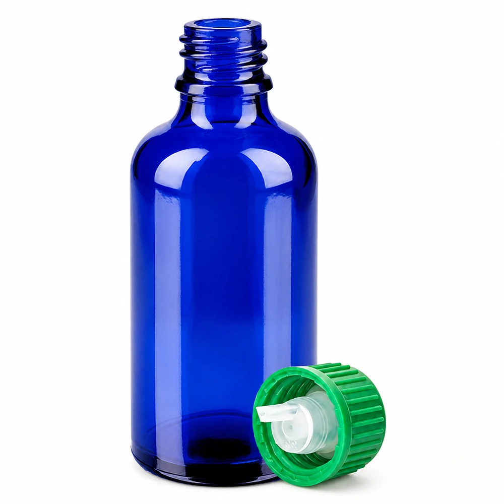 Flacone contagocce da 50 ml 0,8 mm verde STD BlueLine UT18/50 Flacone compatto in vetro da 50 ml, di colore blu, con tappo contagocce preciso per l'erogazione di porzioni.