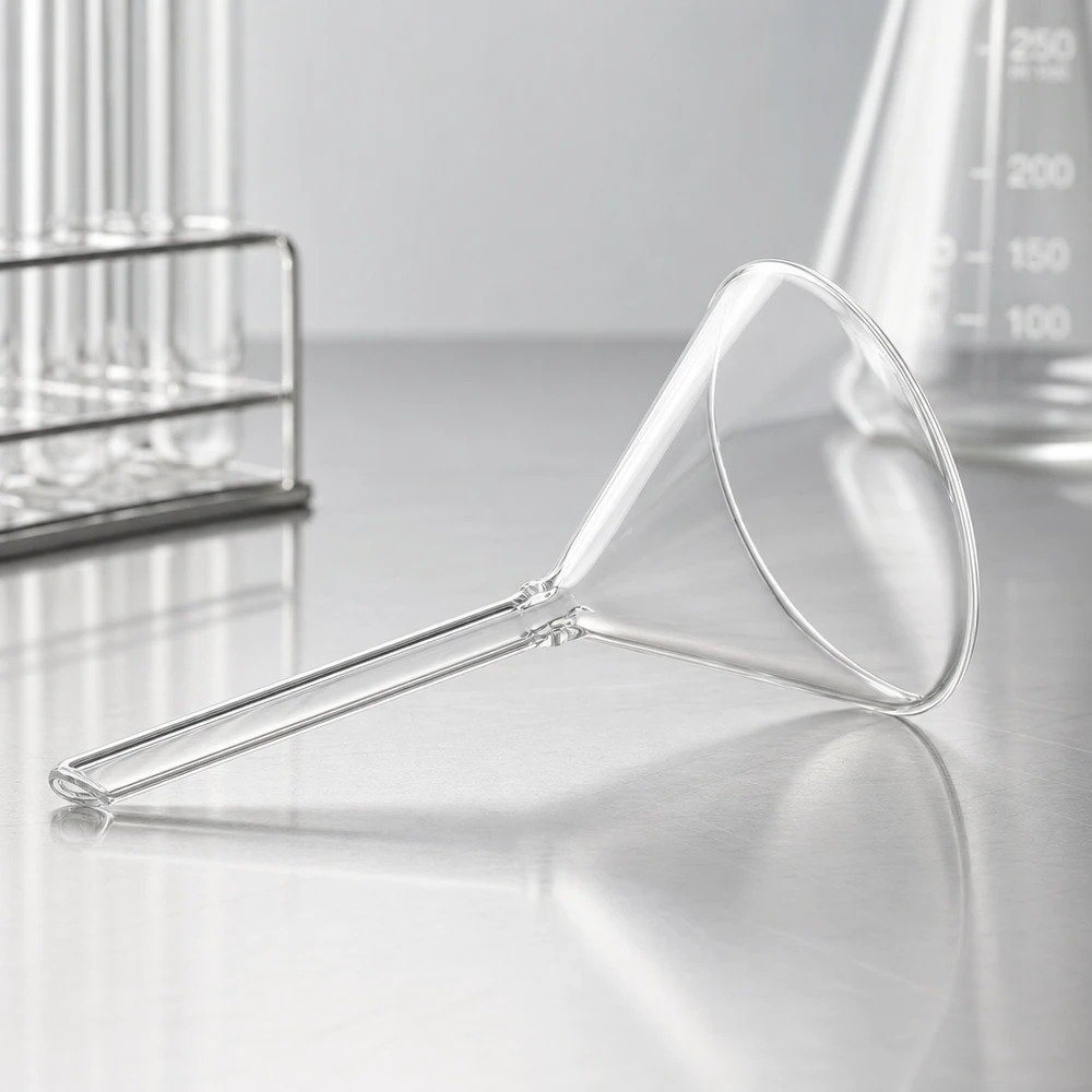 Imbuto Ø 70 mm per calce sodata, angolo 60°, stile corto Imbuto in vetro a stelo corto di 70 mm di diametro trasparente in vetro soda-lime per uso di laboratorio