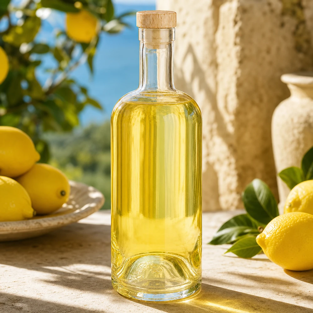 Bottiglia in vetro Emma da 750 ml con tappo in legno, riempita con liquido giallastro in una cornice di limone mediterraneo.