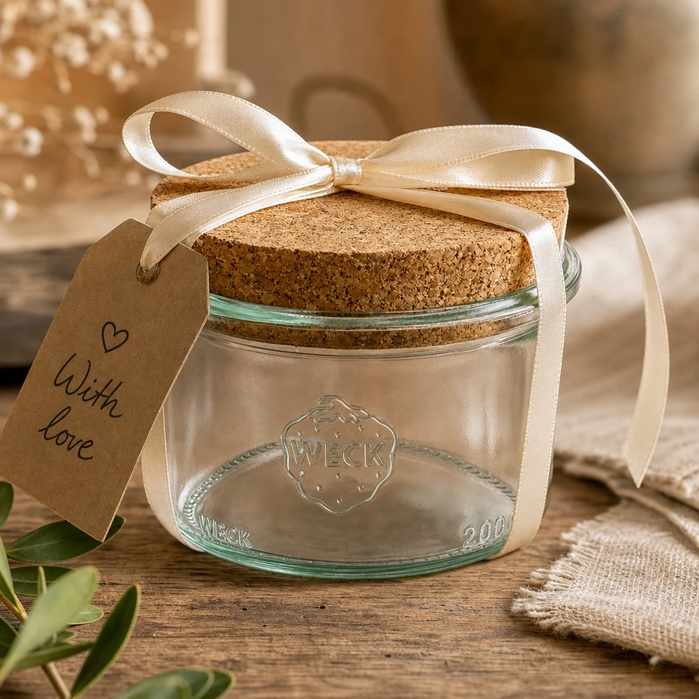 Bicchieri da 200 ml WECK RR80 con tappo in sughero naturale Bicchieri WECK 200ml RR80 confezionati in modo decorativo con nastro ed etichetta regalo Con amore come idea regalo