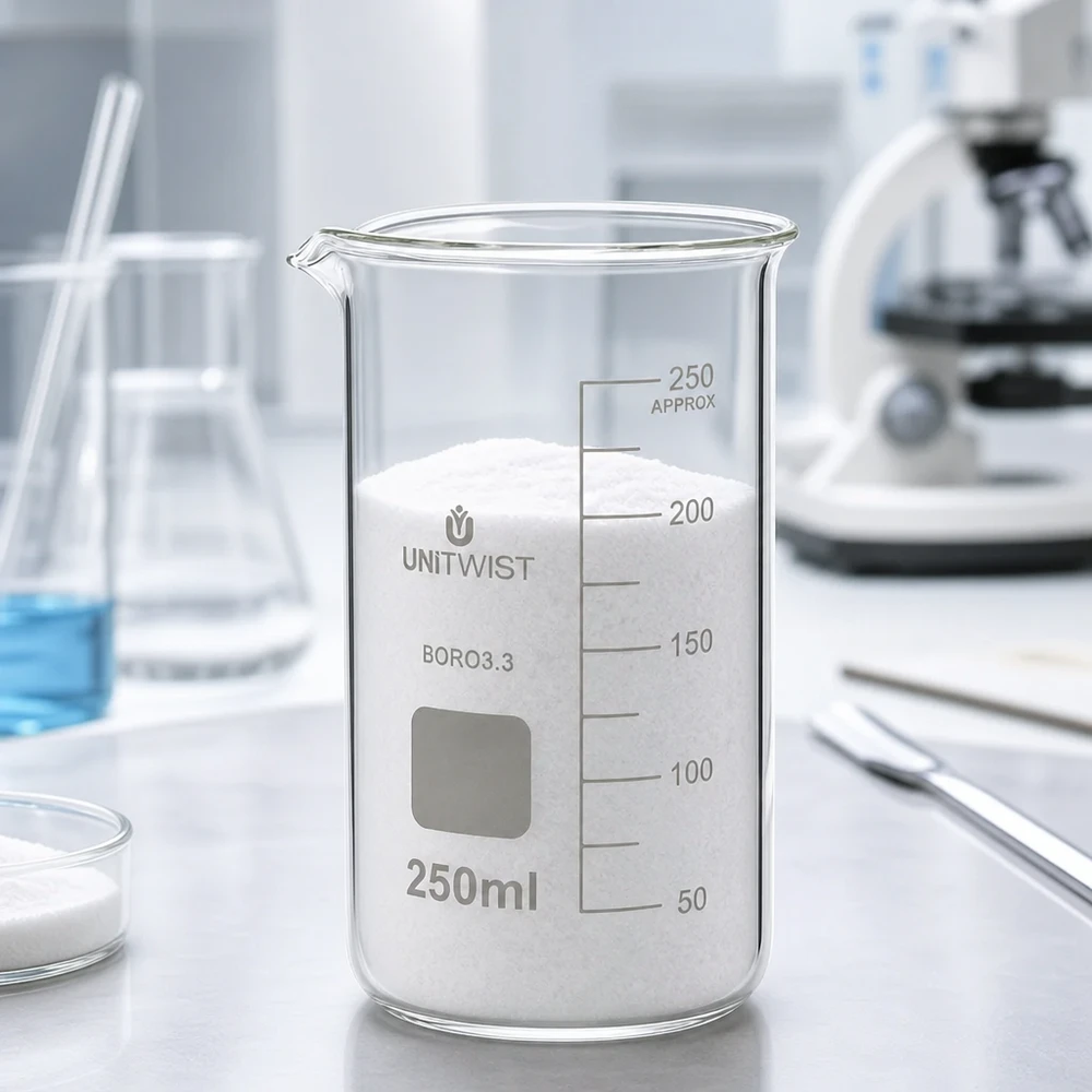 Vaso di vetro UNITWIST da 250 ml, modello alto, riempito di polvere bianca su un piano di lavoro da laboratorio