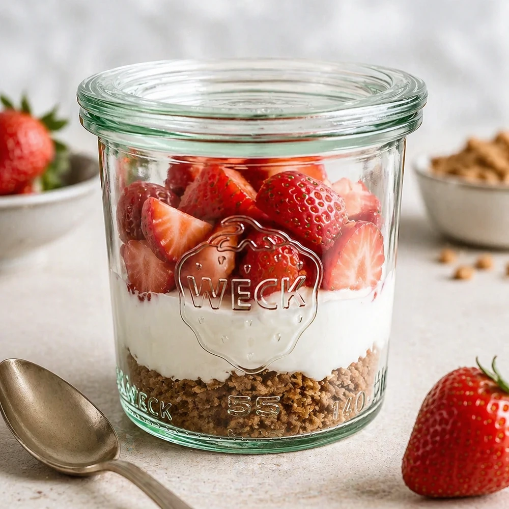 Barattolo da 140 ml con coperchio in vetro WECK RR60 WECK Sturzglas 140ml RR60 mit Joghurt Müsli Erdbeeren gefüllt als Dessertglas auf weißer Marmorplatte Frühstück