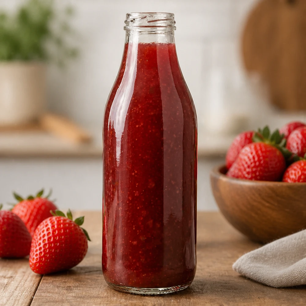 Bottiglia di vetro da 1000ml senza coperchio (TO48) UNiTWIST Bottiglia di vetro da 1000 ml TO48 UNiTWIST riempita di succo di fragola in cucina Applicazione esempio bottiglia rossa per smoothie