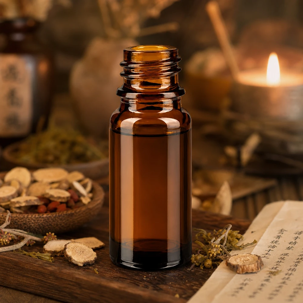 Flacone farmaceutico marrone da 10 ml ApoGlas Flacone da farmacia marrone da 10 ml ApoGlas con erbe medicinali asiatiche e lume di candela, in un'atmosfera tradizionale della MTC.