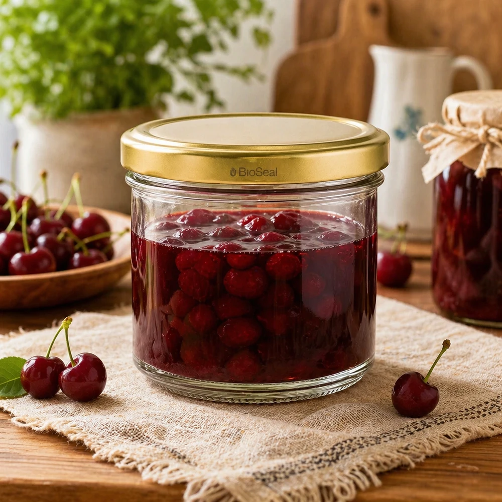 UNiTWIST Sturz125 con coperchio dorato. Coperchio TO66 BioSeal Bicchieri UNiTWIST 125ml con marmellata di ciliegie - coperchio dorato TO66 BioSeal in cucina rustica con ciliegie fresche