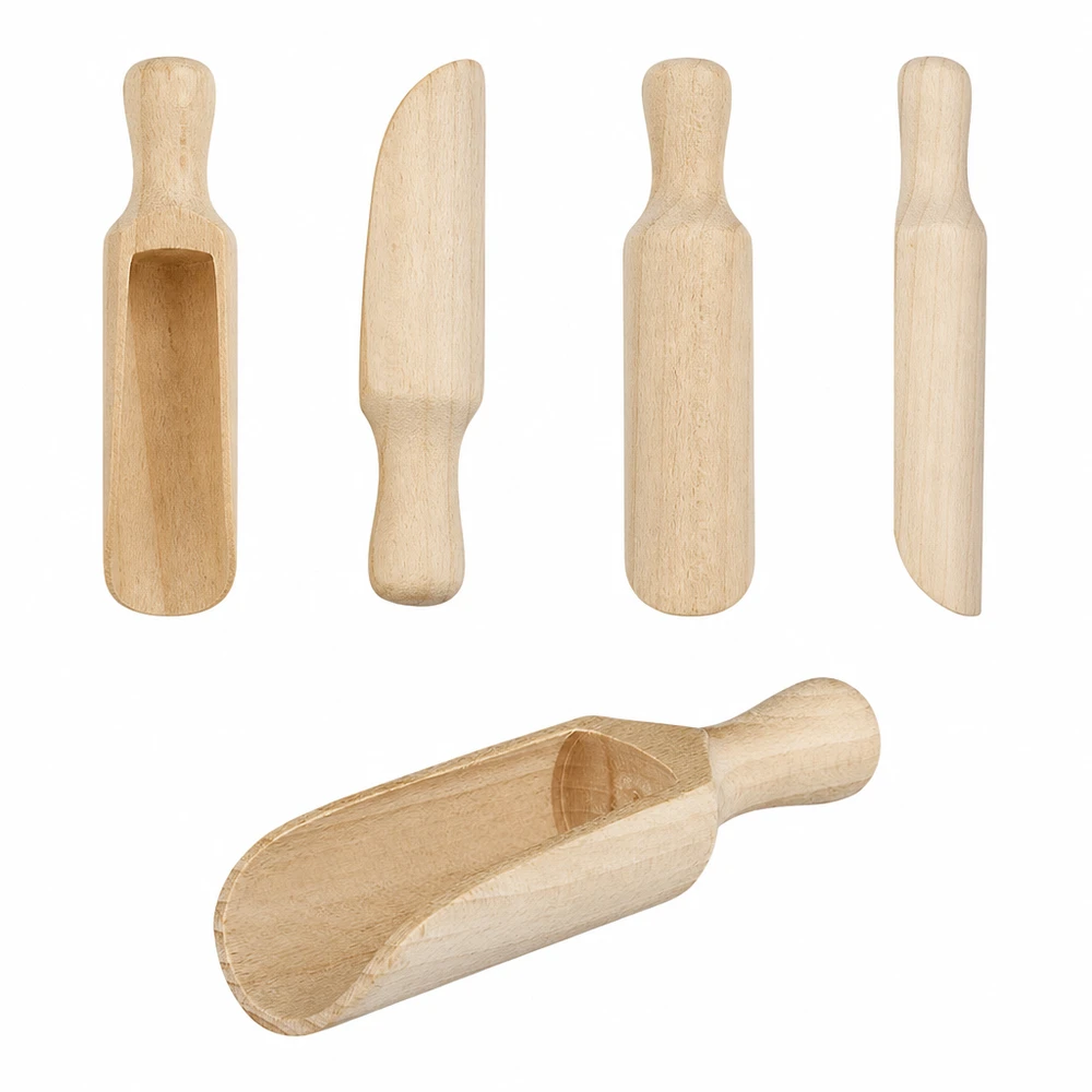 Set di pale in legno di diverse dimensioni e forme in legno naturale con pala semitonda da 14 cm a confronto