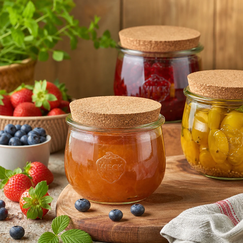 Vaso a tulipano da 580 ml WECK RR100 con tappo in sughero naturale Vasi a tulipano WECK con coperchi di sughero riempiti di marmellata e verdure sottaceto accanto a frutti di bosco freschi