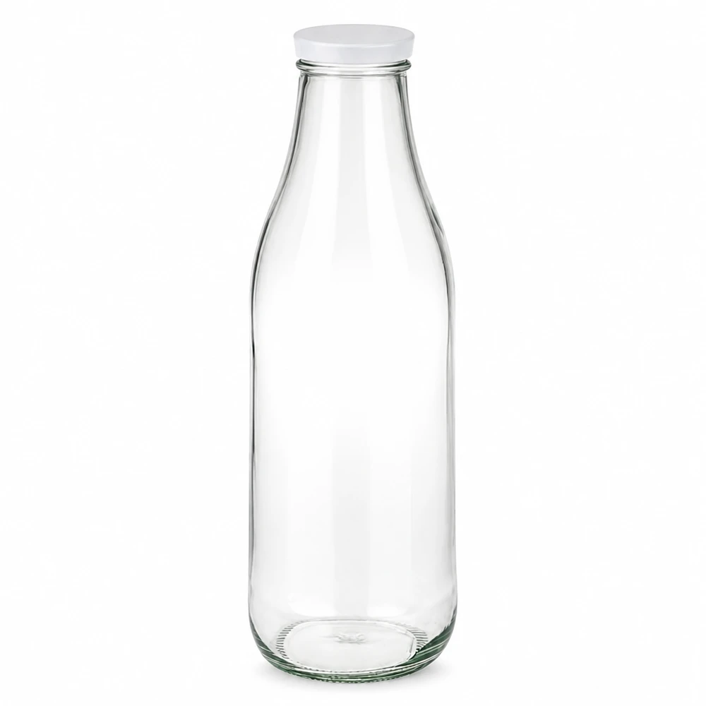 Bottiglia di vetro da 1000 ml + coperchio BasicSeal bianco UN.. Bottiglia di vetro da 1000 ml con coperchio BasicSeal bianco Vaso di stoccaggio vuoto trasparente certificato ONU Bottiglia di latte