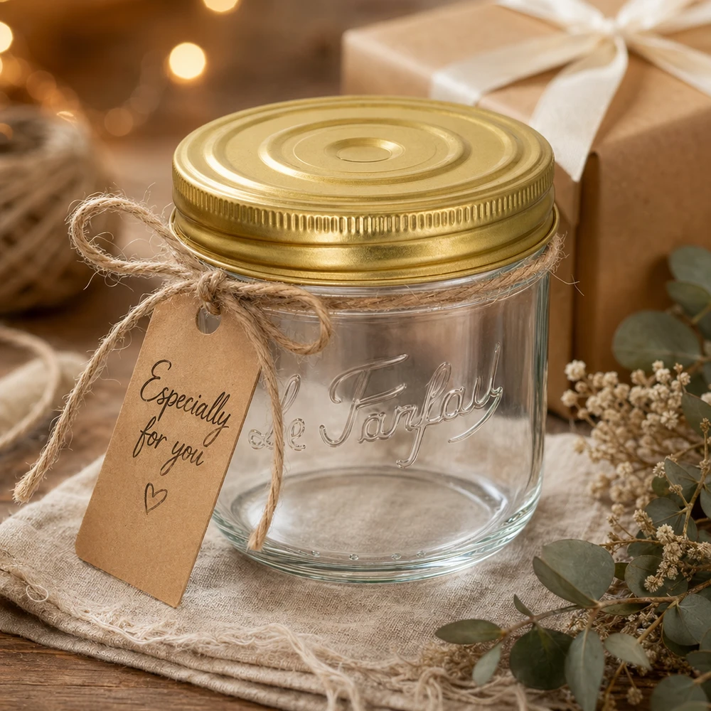 Bicchieri Familia Wiss da 415 ml con coperchio dorato ed etichetta regalo decorati su un tavolo di legno rustico