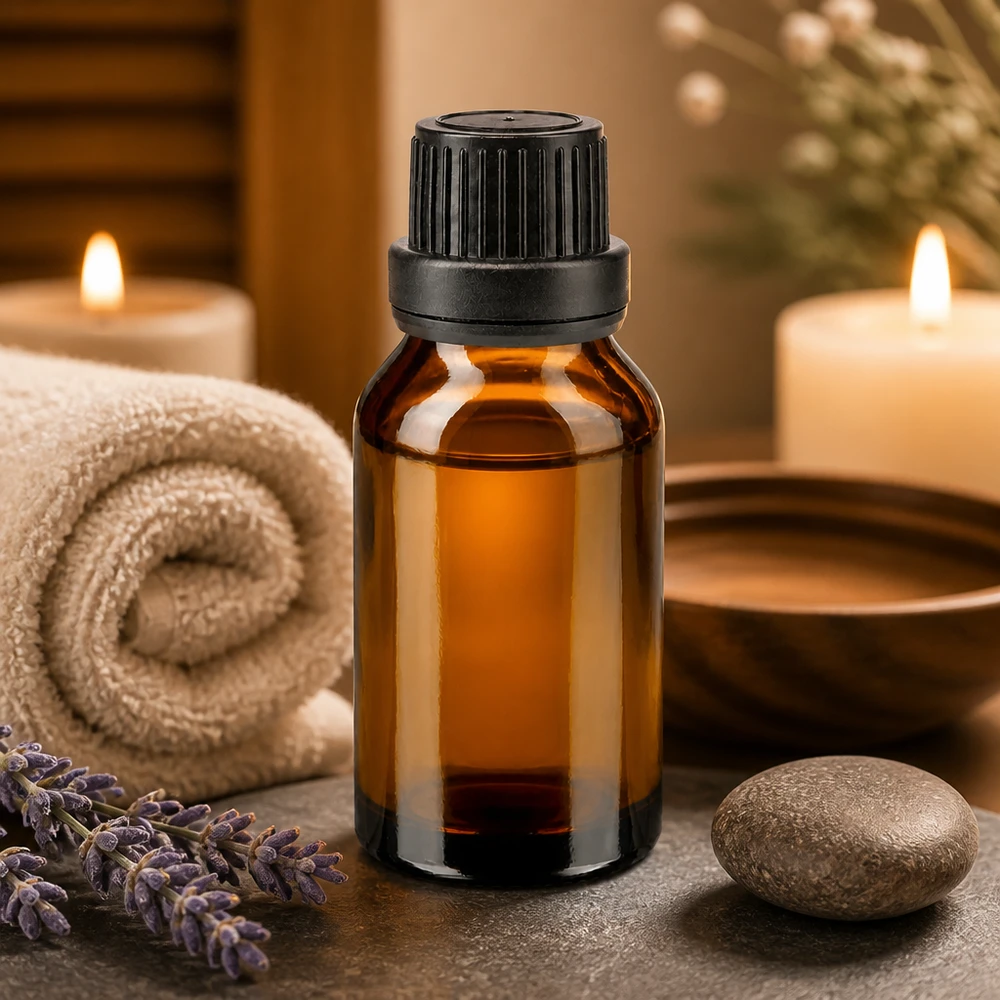 Bottiglia da farmacia marrone 15ml con tappo contagocce. Pr. 2mm nero OV Bottiglia di vetro marrone da 15 ml con tappo di sicurezza nero a prova di bambino, accanto a rametti di lavanda e candele