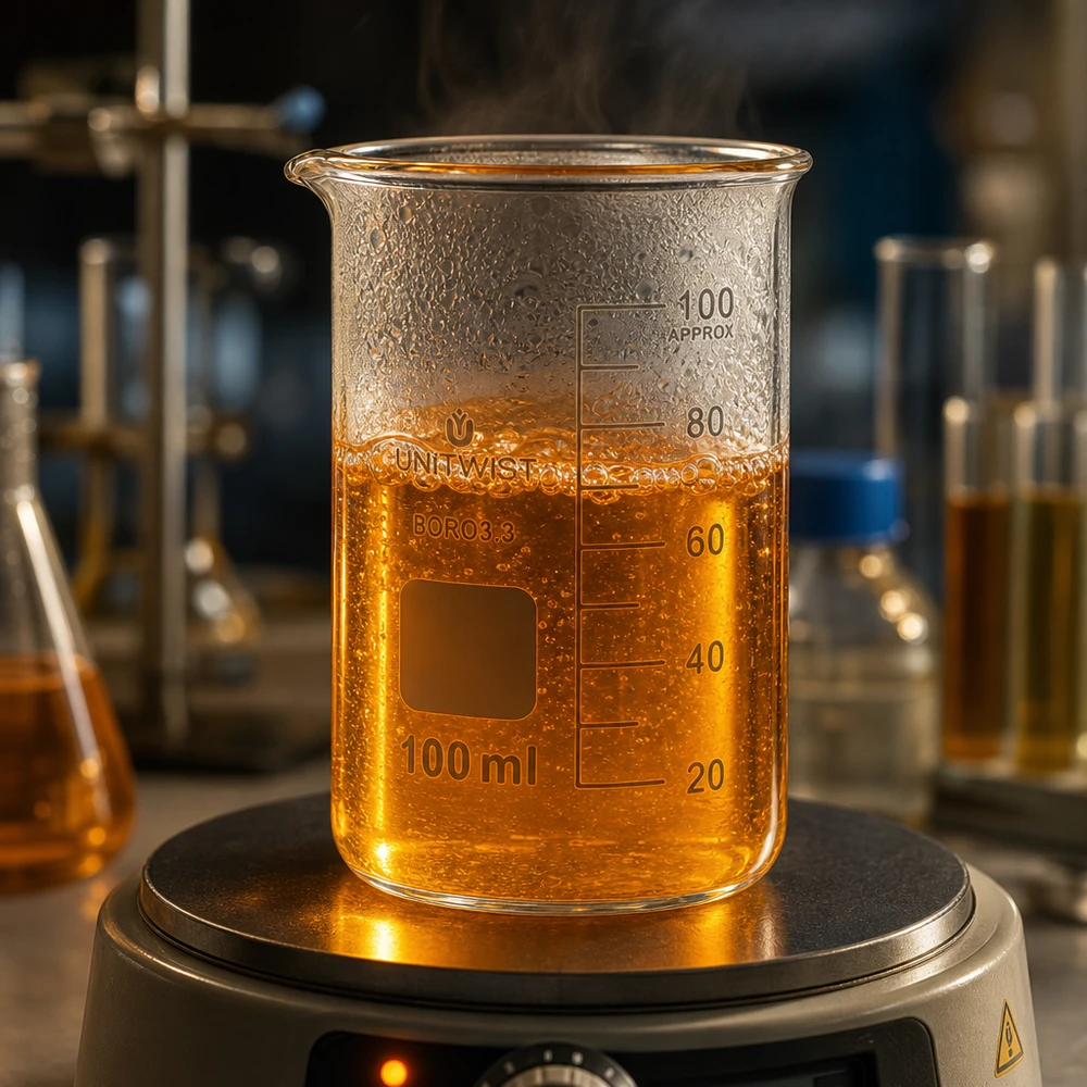 Becher da 100 ml, modello alto UNITWIST, contenente un liquido caldo di colore arancione su una piastra riscaldante in laboratorio