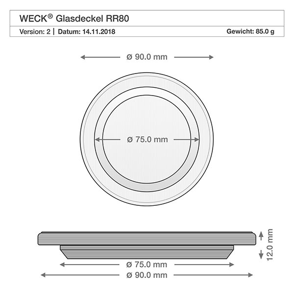 Barattolo da 370 ml della linea WECK RR80 Coperchio in vetro WECK RR80 disegno tecnico con dimensioni 90 mm di diametro esterno 75 mm di diametro interno per vaso cilindrico da 1040 ml