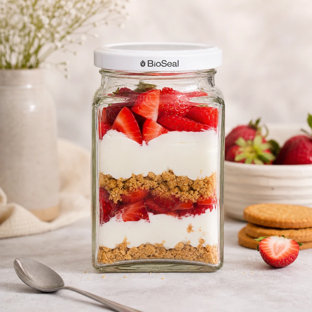 UNiTWIST Tetra260 con coperchio bianco TO58 BioSeal UNiTWIST Tetra260 Dessertglas mit Erdbeeren Joghurt Kekskrümeln geschichtet weißer TO58 BioSeal Deckel Nachtisch