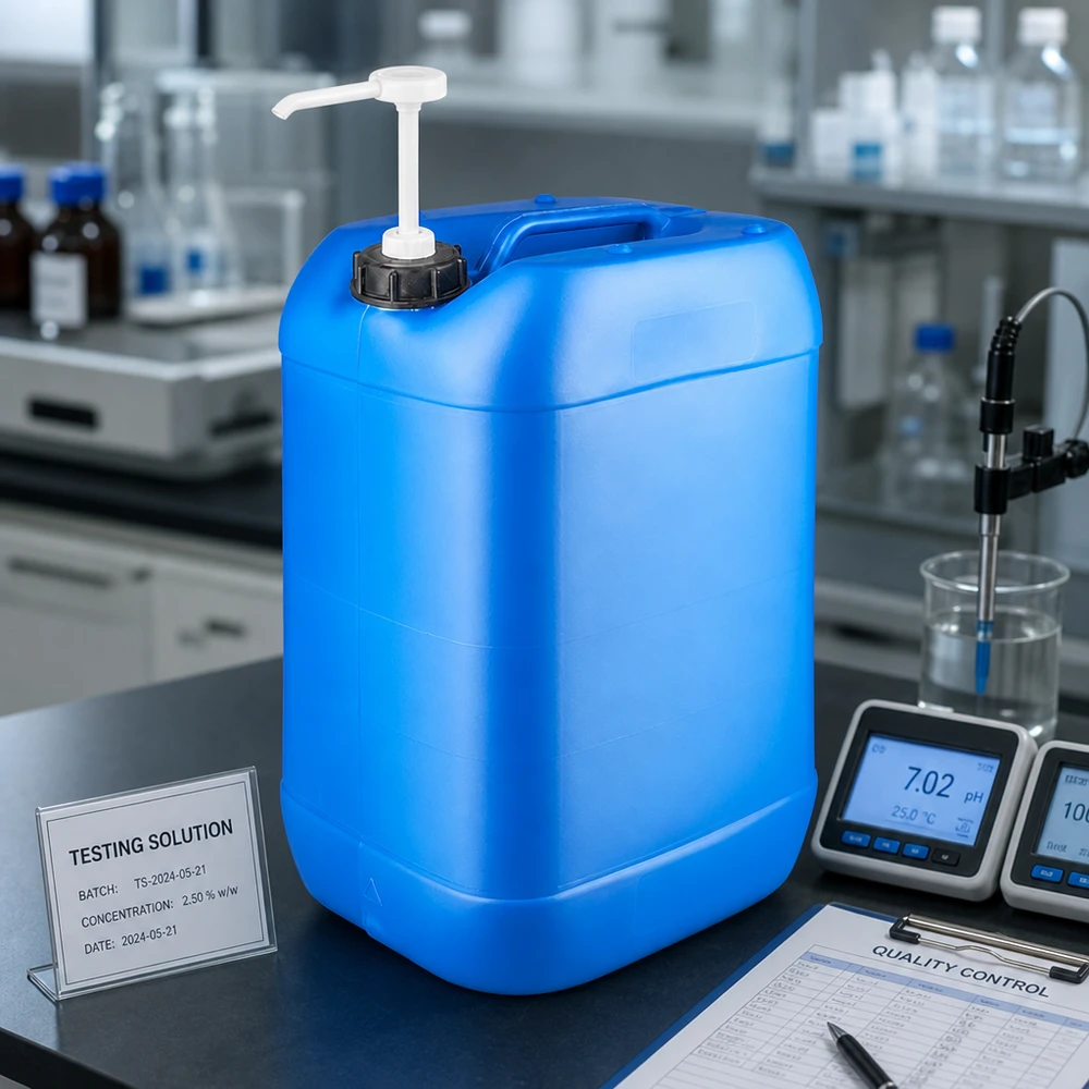 Tanica 25 litri blu con pompa dosatrice Tanica blu da 25 litri con pompa dosatrice accanto a un misuratore di pH su un piano di lavoro da laboratorio nero