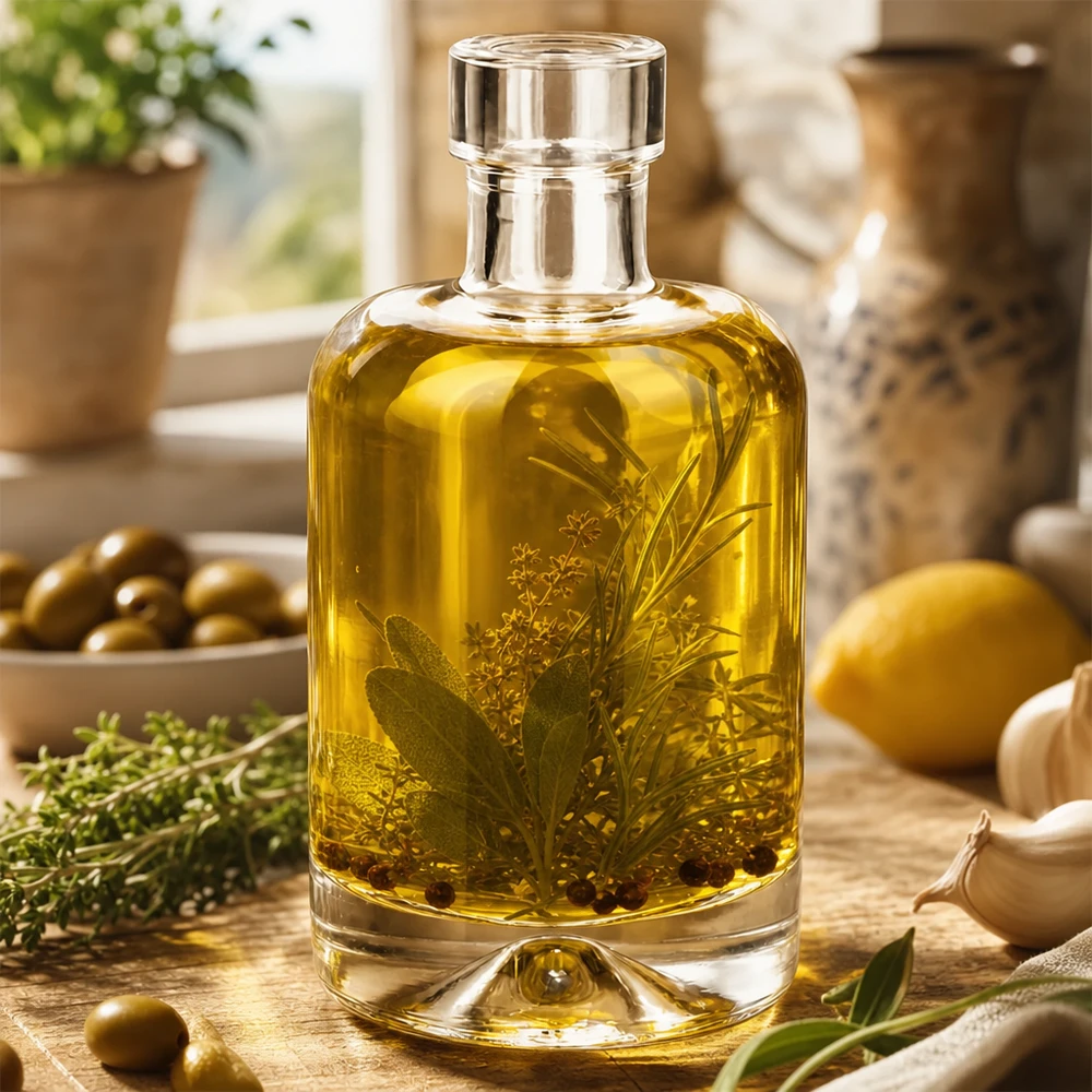 Bottiglia in vetro da 50 ml 50ml Glasflasche "Amelie" ohne Verschluss UNiTWIST senza tappo UNiTWIST® Bottiglia di vetro Amelie 50ml riempita con olio alle erbe mostra l'applicazione per olii e aceti di spezie in cucina