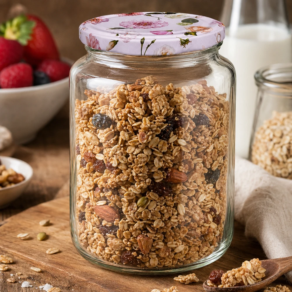 Barattolo rotondo da 795 ml + coperchio BasicSeal rosa fiore UNiTWIST 795ml Rundglas mit Müsli Nüssen Trockenfrüchten BasicSeal Deckel rosa Blumen Frühstück Vorratsbehälter Küche