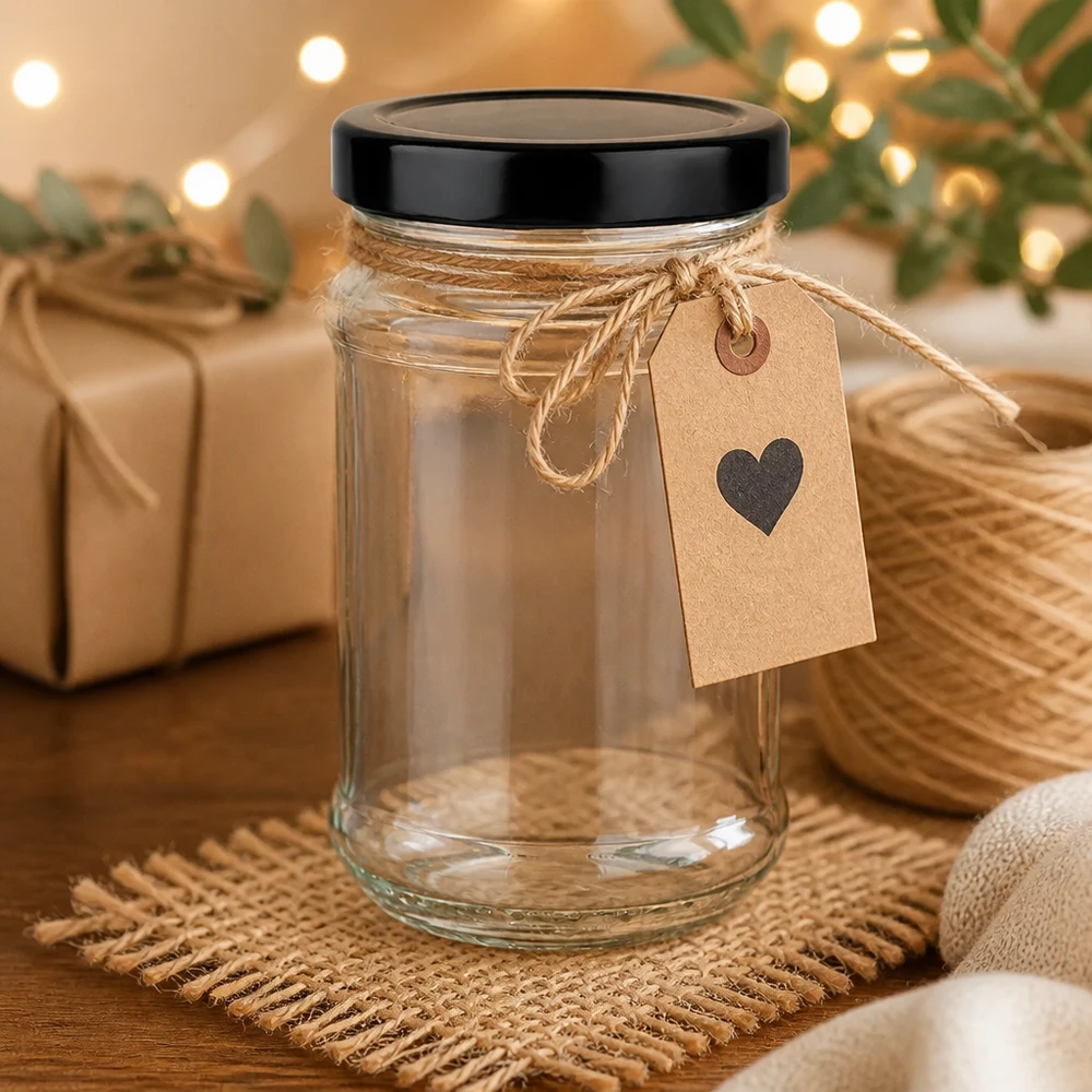 Barattolo rotondo da 390 ml con coperchio BasicSeal nero UNiTWIST Barattolo rotondo da 390 ml con coperchio nero UNiTWIST come idea regalo con ciondolo a cuore in un'accogliente decorazione natalizia
