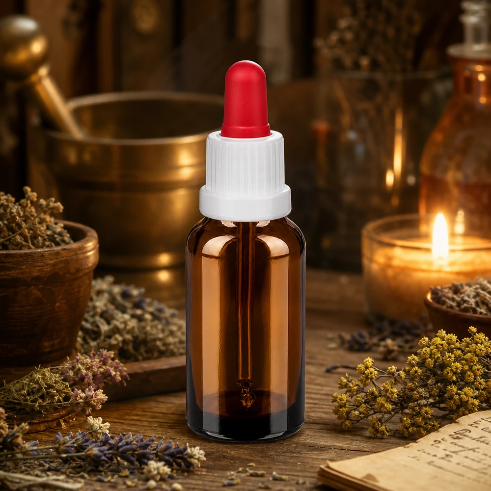 Bottiglia per pipette da 20 ml bianco/rosso OV BrownLine UT18/20 Flacone per farmaci da 20 ml con tappo bianco a prova di bambino e pipetta dosatrice rossa in gomma naturale