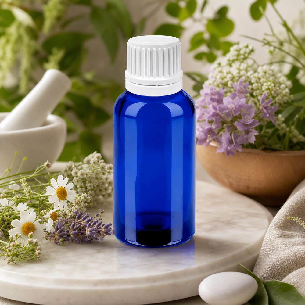 Flacone contagocce da 30 ml 0,7 mm bianco OV BlueLine UT18/30 Pratico flacone contagocce da 30 ml di qualità farmaceutica con filettatura ergonomica UT18 per una facile manipolazione