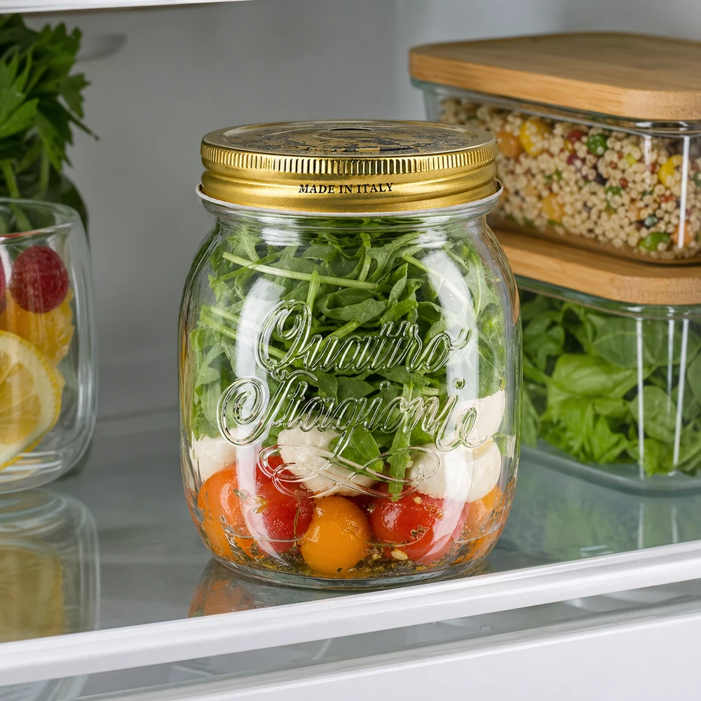 Barattolo rotondo "Quattro Stagioni" da 700 ml con coperchio Quattro Stagioni Barattolo da 700 ml pieno di insalata in frigo Barattolo italiano per la preparazione dei pasti e gli ingredienti freschi