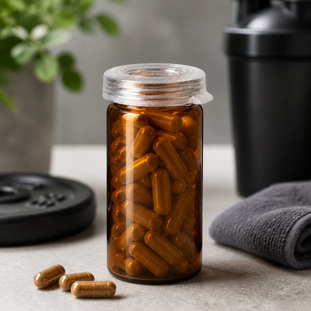 Vaso con bordo arrotondato color ambra da 5 ml con capsule per il fitness color marrone dorato accanto a un disco da bilanciere e a una bottiglia shaker