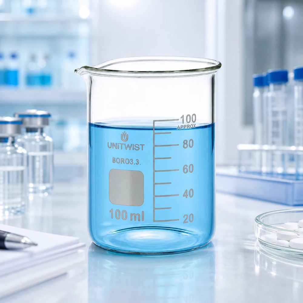 Bicchiere graduato da 100 ml UNiTWIST Boro 3.3 con beccuccio, modello basso