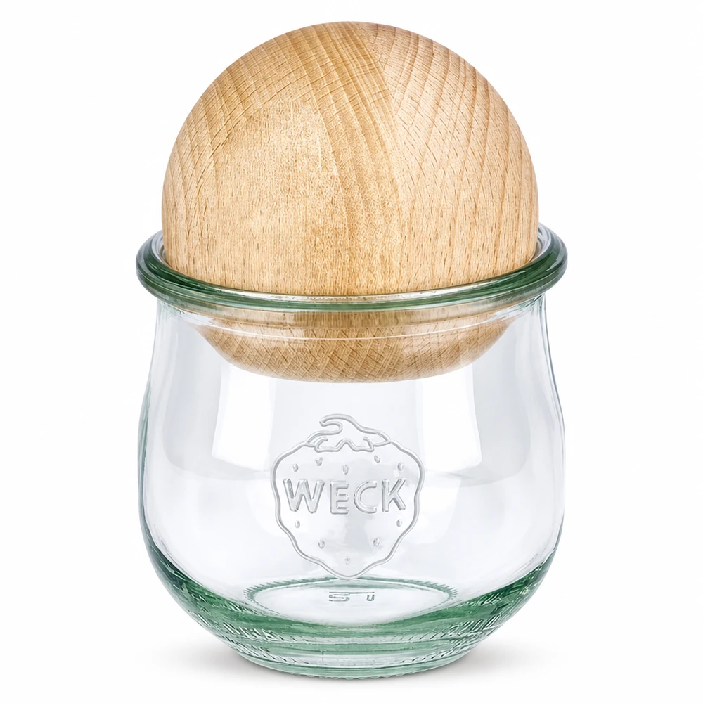 WECK vaso a tulipano RR80 370ml con coperchio a sfera in legno di faggio, vaso per conserve con coperchio in legno di faggio, conservazione sostenibile