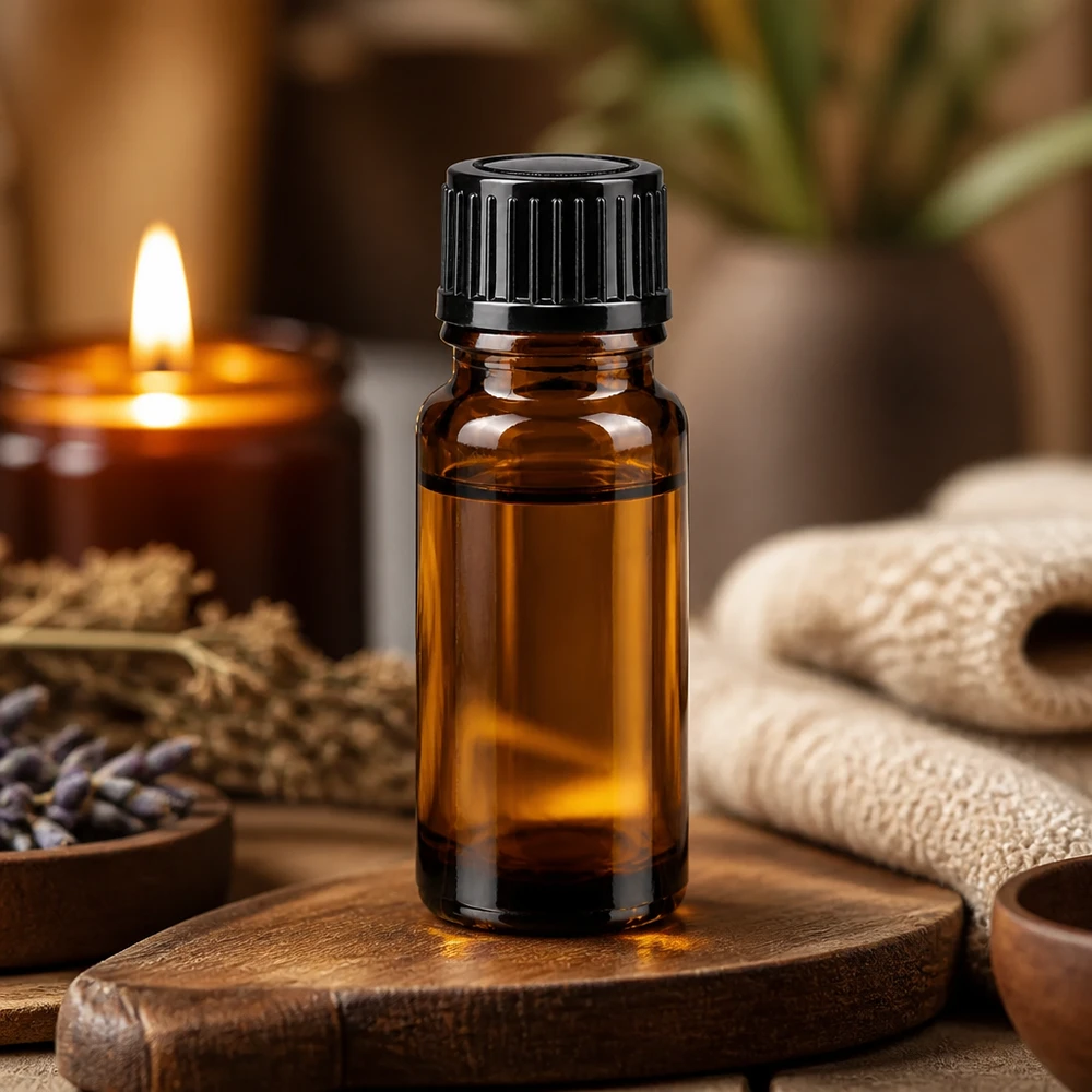 Flacone contagocce marrone da 10ml STD nero/1mm ApoGlas Flacone da 10 ml in vetro ambrato con olio essenziale, dotato di tappo di sicurezza nero a prova di bambino, su un tagliere di legno