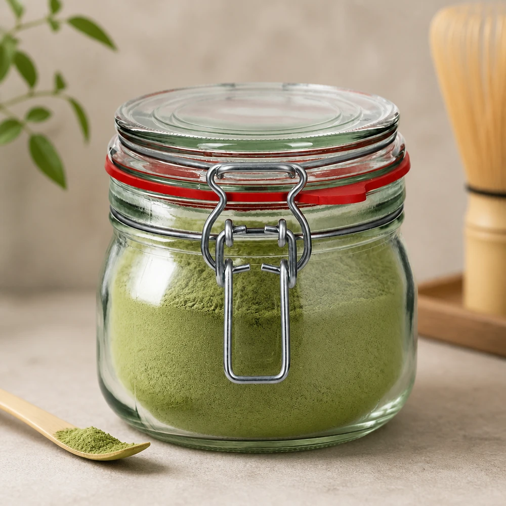 Barattolo da 634 ml, tipo G, con chiusura a clip UN.. Barattolo da 634 ml con tappo girevole, riempito di polvere di matcha verde per una freschezza ottimale.