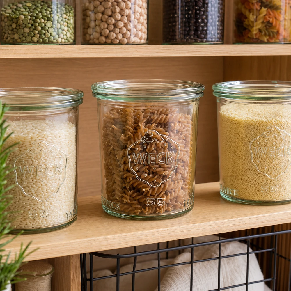 Barattolo da 140 ml con coperchio in vetro WECK RR60 WECK Gläser 140ml RR60 gefüllt mit Reis Nudeln Couscous in Vorratsregal Pantry Organisation Küchenschrank
