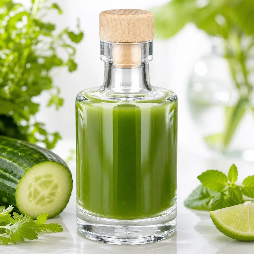 Bottiglia di vetro Marie da 100 ml con tappo di legno riempita di frullato verde accanto a cetriolo, lime ed erbe aromatiche fresche.