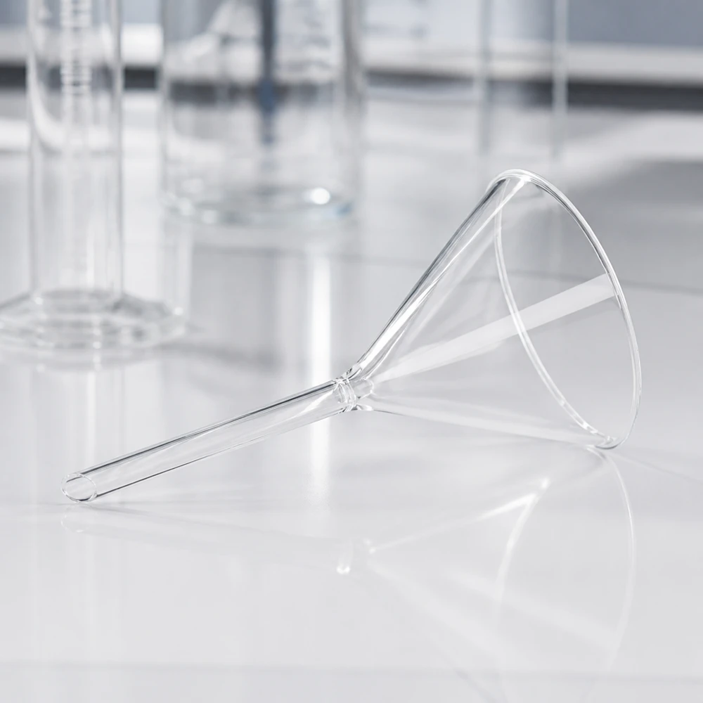 Imbuto Ø 85mm in borosilicato angolo 60 corto Imbuto da laboratorio di precisione da 85 mm in robusto vetro borosilicato con manico corto dal design compatto