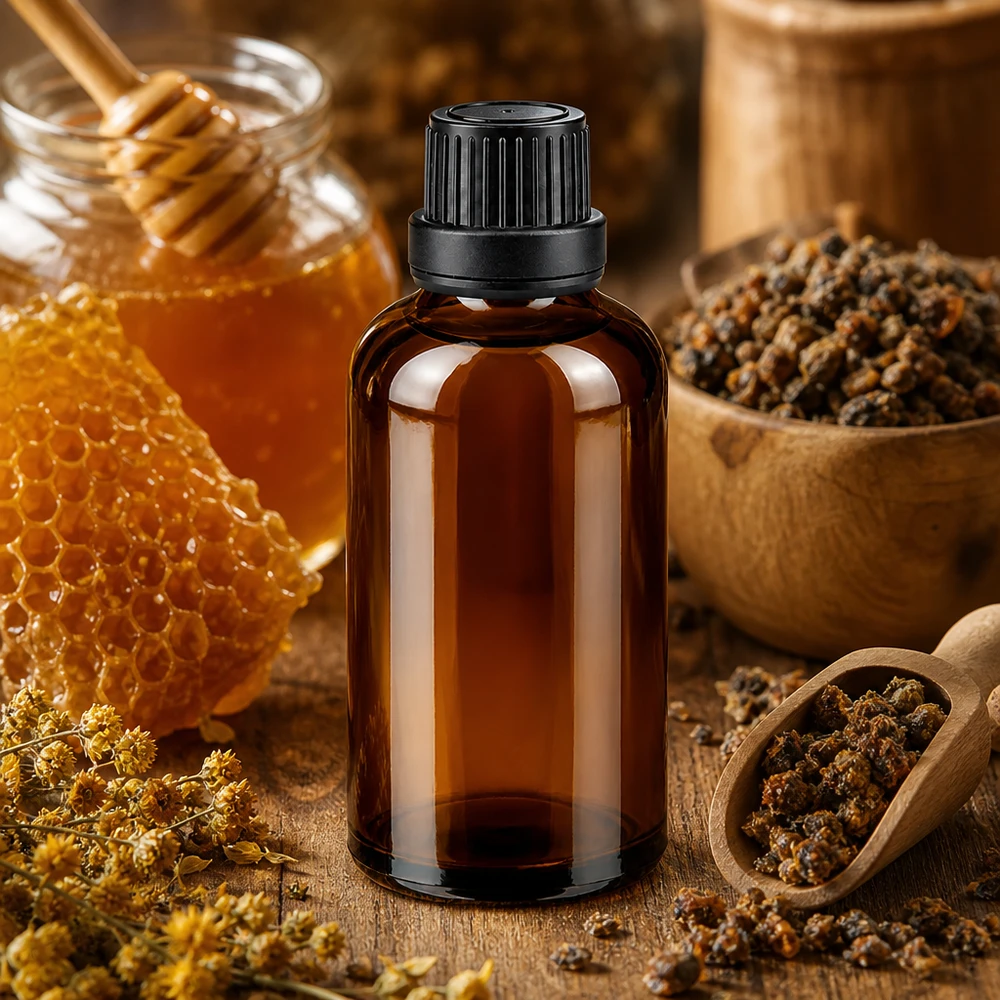 Flacone da farmacia in vetro ambrato da 50 ml con tappo a vite nero, accanto a miele a nido d'ape e propoli