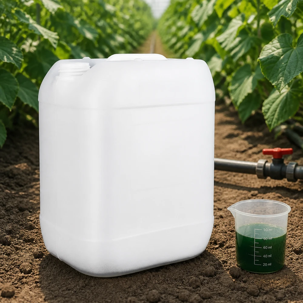 Tanica 20 litri senza tappo Concentrato di concime per piante verdi nel misurino accanto a un contenitore da 20 litri senza tappo nella serra