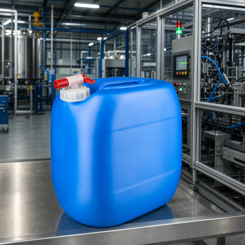 Contenitore industriale rettangolare da 30 litri, di colore blu, con rubinetto di scarico su superficie in acciaio inossidabile