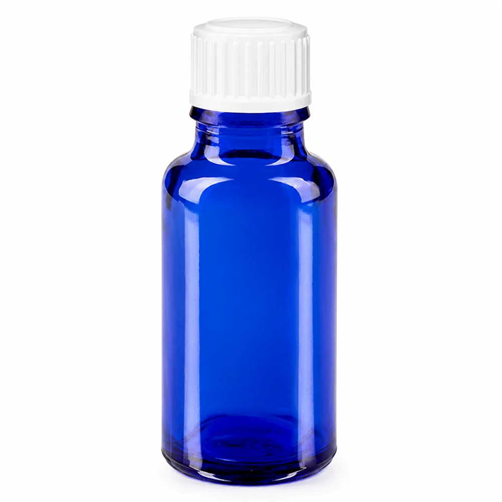 Flacone da farmacia in vetro blu da 20 ml con tappo a vite bianco da 11 mm
