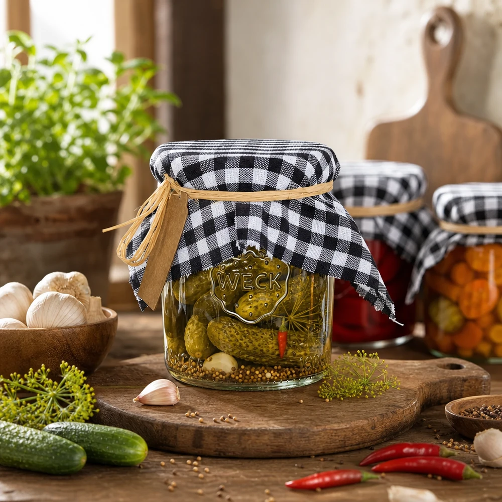Centrini decorativi a scacchiera su barattoli con sottaceti e marmellata in cucina rustica idea di decorazione 15cm quadrati