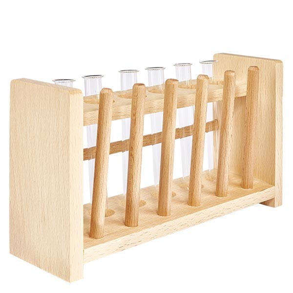 Portaprovette in legno con 6 provette in borosilicato 100x12
