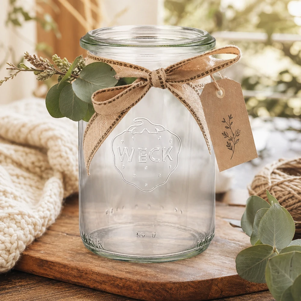 WECK vaso cilindrico 145ml RR40 con nastro e ciondolo rustico decorato su tavola di legno con eucalipto