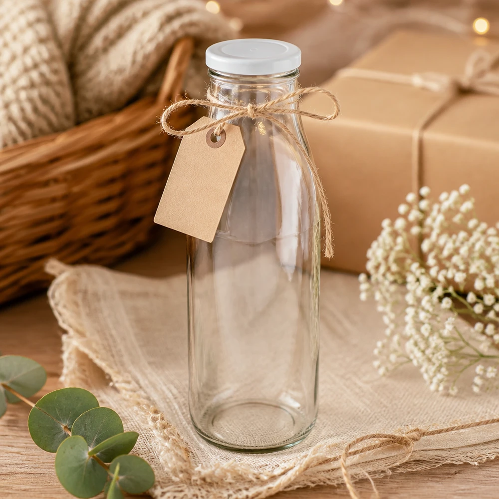 Bottiglia di vetro da 500 ml + coperchio BasicSeal bianco UN.. Bottiglia in vetro da 500 ml con coperchio bianco, decorata con cordino di iuta e ciondolo, design regalo rustico