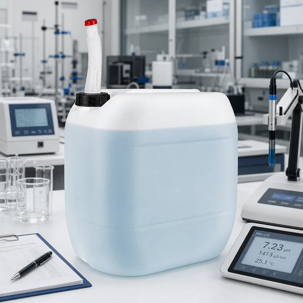 Tanica da 30 litri con tubo di uscita flessibile Tanica in HDPE da 30 litri con tubo di scarico flessibile e tappo di sicurezza rosso in laboratorio