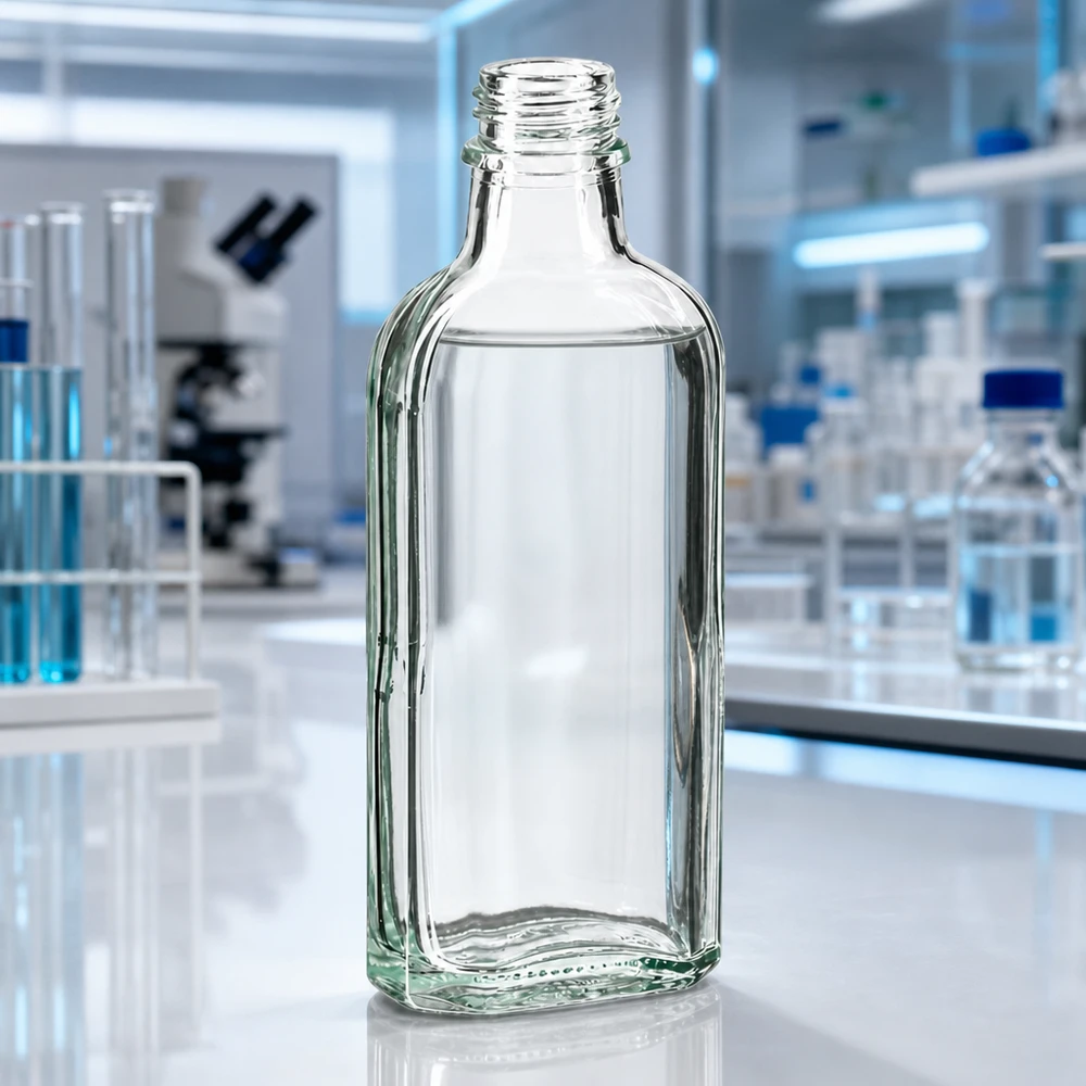 Flacone Meplat piatto da 100 ml in vetro trasparente con filettatura a vite DIN 22 per applicazioni farmaceutiche