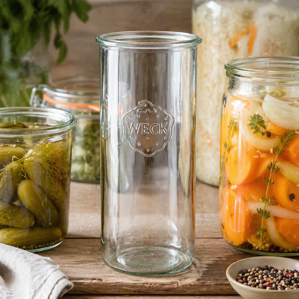 WECK RR100 1500ml mason jar vuoto accanto a barattoli pieni di verdure e spezie su un tavolo di legno
